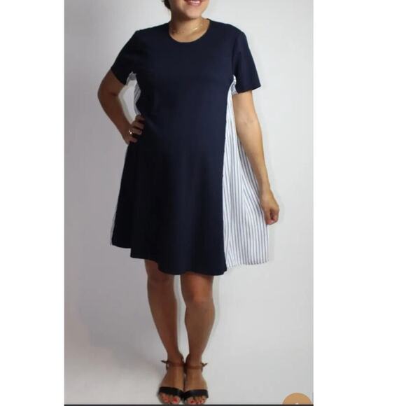 Slate & Willow Maternity Navy Stripe Crepe Pleated Back Shift Dress Size Large - Picture 7 of 12